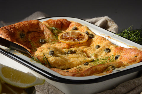 Smoked Salmon, Capers, and Goat Cheese Strata