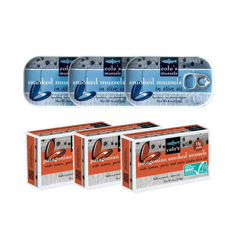 Patagonian Smoked Mussels Variety Pack – 6 Cans
