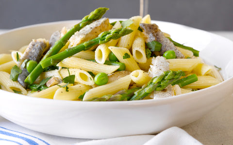 PENNE WITH COLE'S TROUT IN GARLIC AND PARSLEY WITH ASPARAGUS