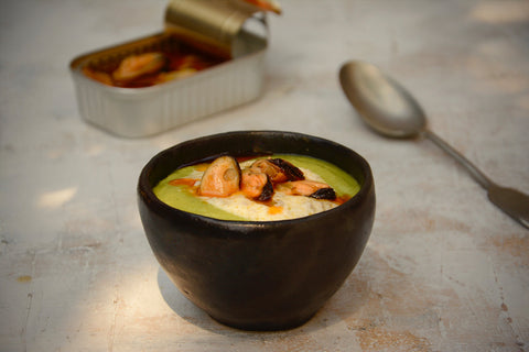 Cream of Peas with Smoked Mussels