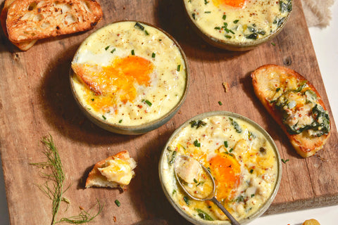 Smoked Trout with Baked Eggs and Spinach